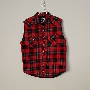 Retro Red and Black Plaid Sleeveless Quilted Chore Vest